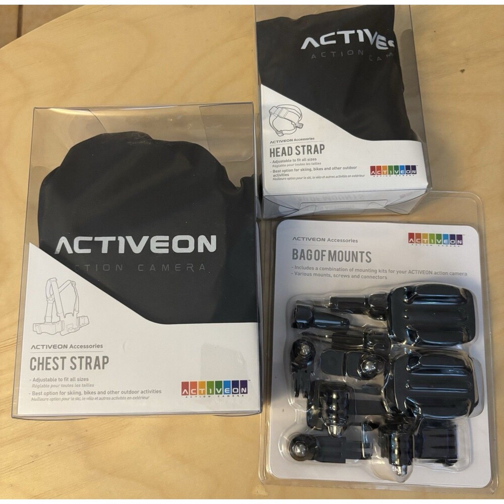 Lot Of 3 ACTIVEON Cameras Accessories   Adjustable Chest, Head, Mounts New Black